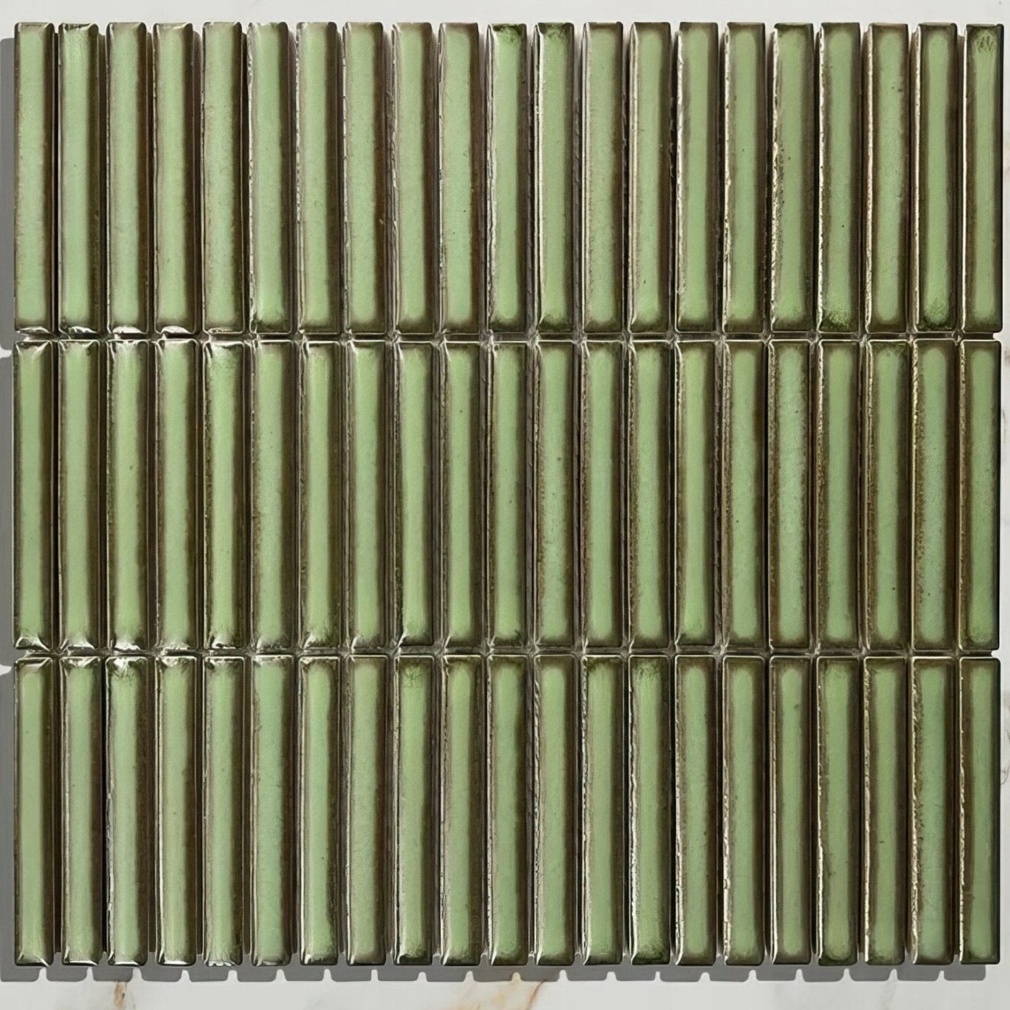 Green rectangular bamboo lustre porcelain mosaic tile with metallic sheen and vertical ridged texture in avocado color