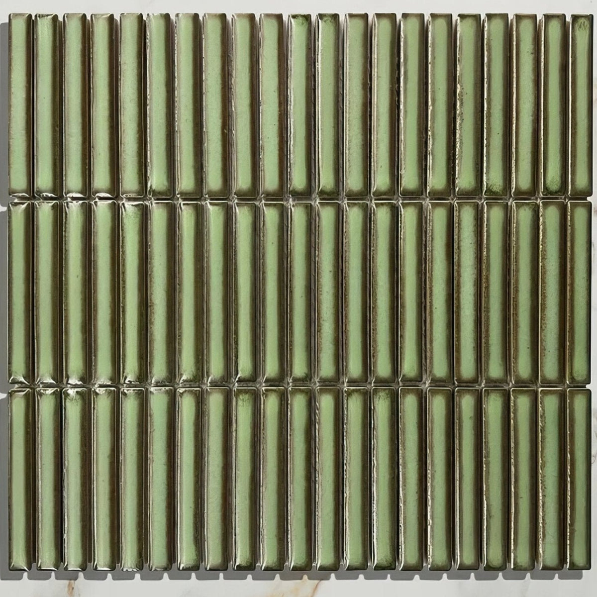 Green rectangular bamboo lustre porcelain mosaic tile with metallic sheen and vertical ridged texture in avocado color