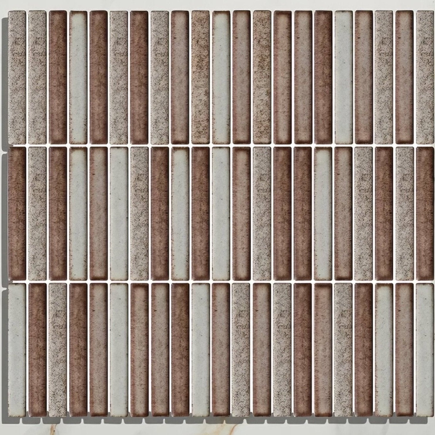 Brown and beige textured bamboo lustre porcelain mosaic cappuccino tile panel with rectangular design