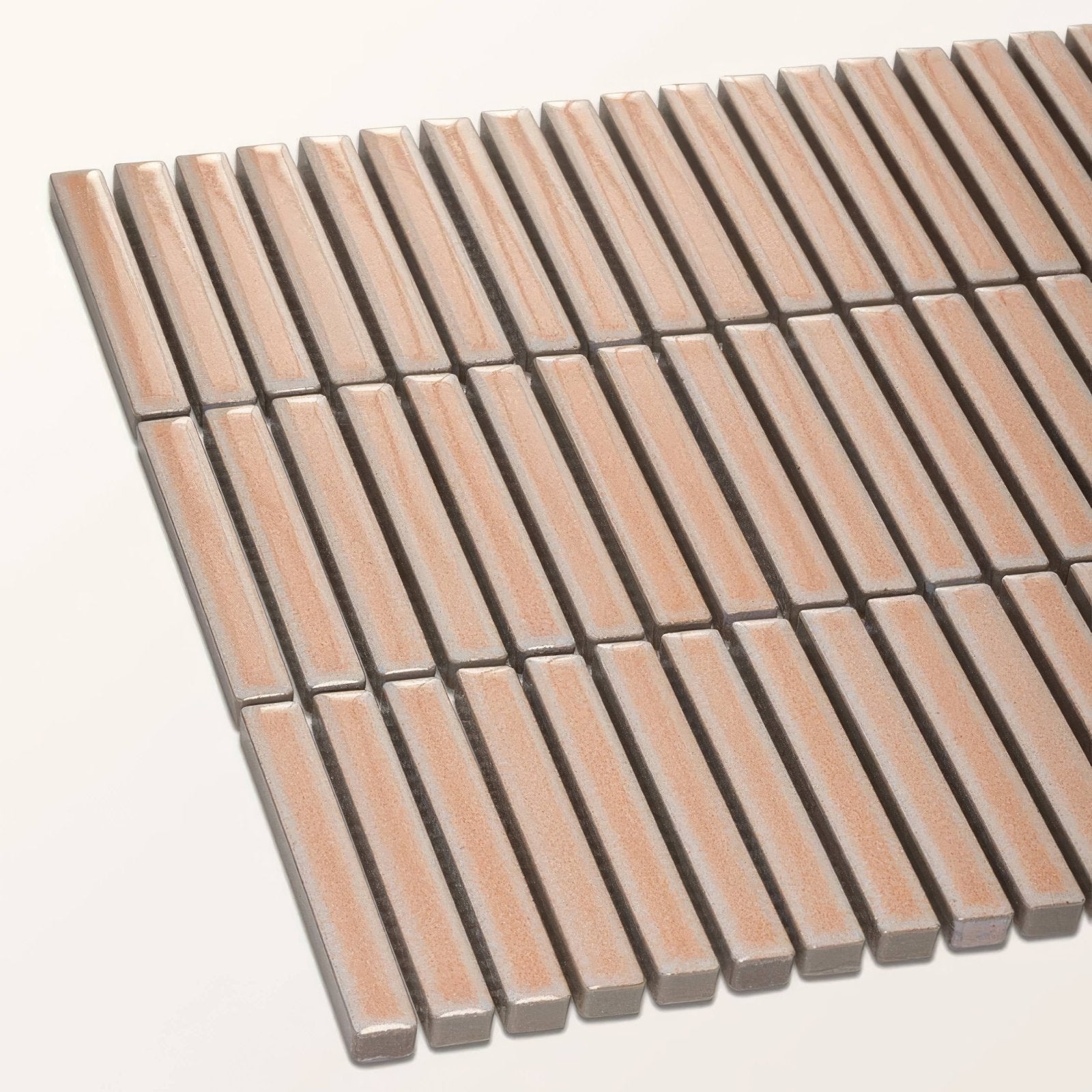 Beige and gray metallic rectangular bamboo porcelain mosaic tile with wood-grain texture in blush finish