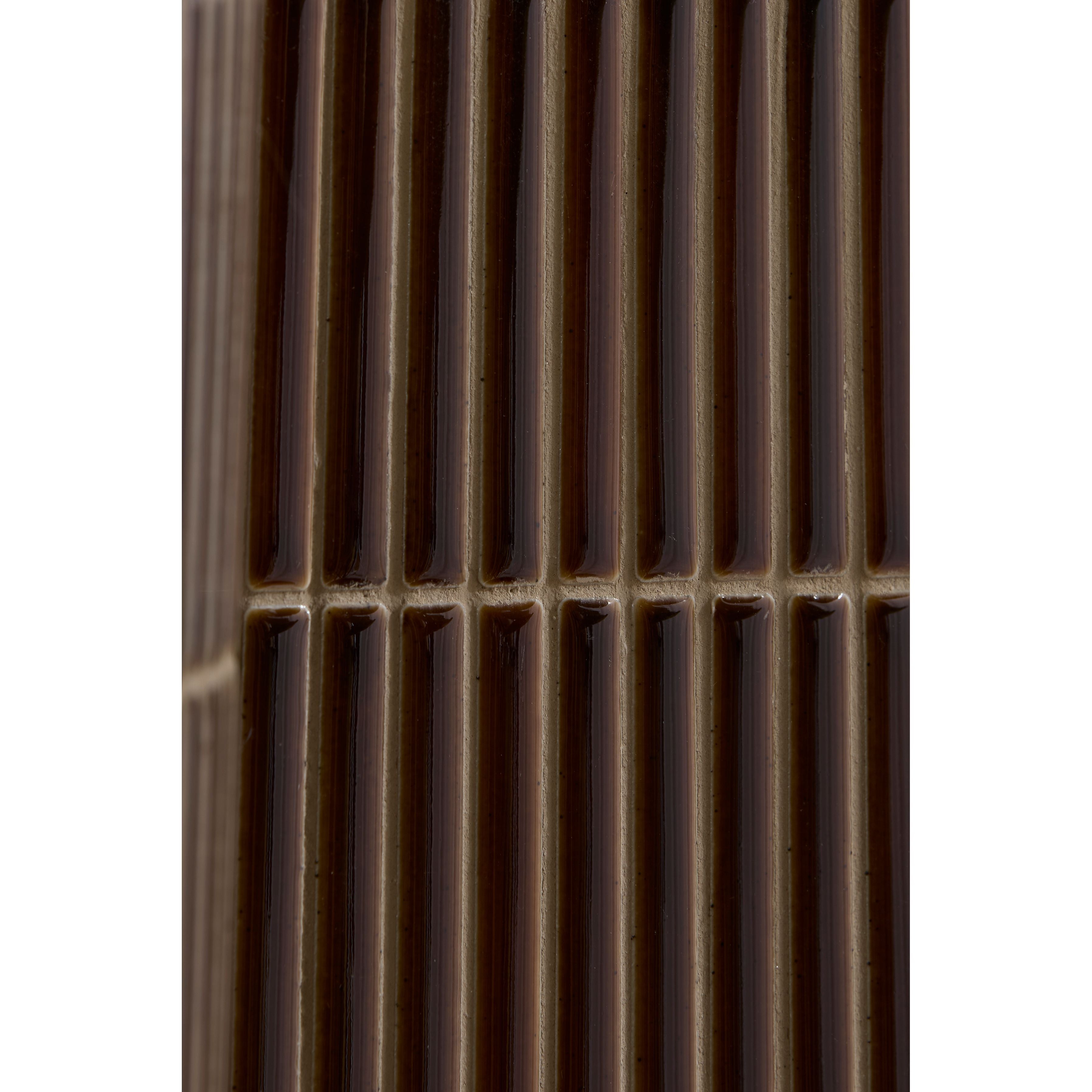 Bamboo Porcelain Mosaic Caramel dark brown ribbed porcelain mosaic tiles with light beige grout lines