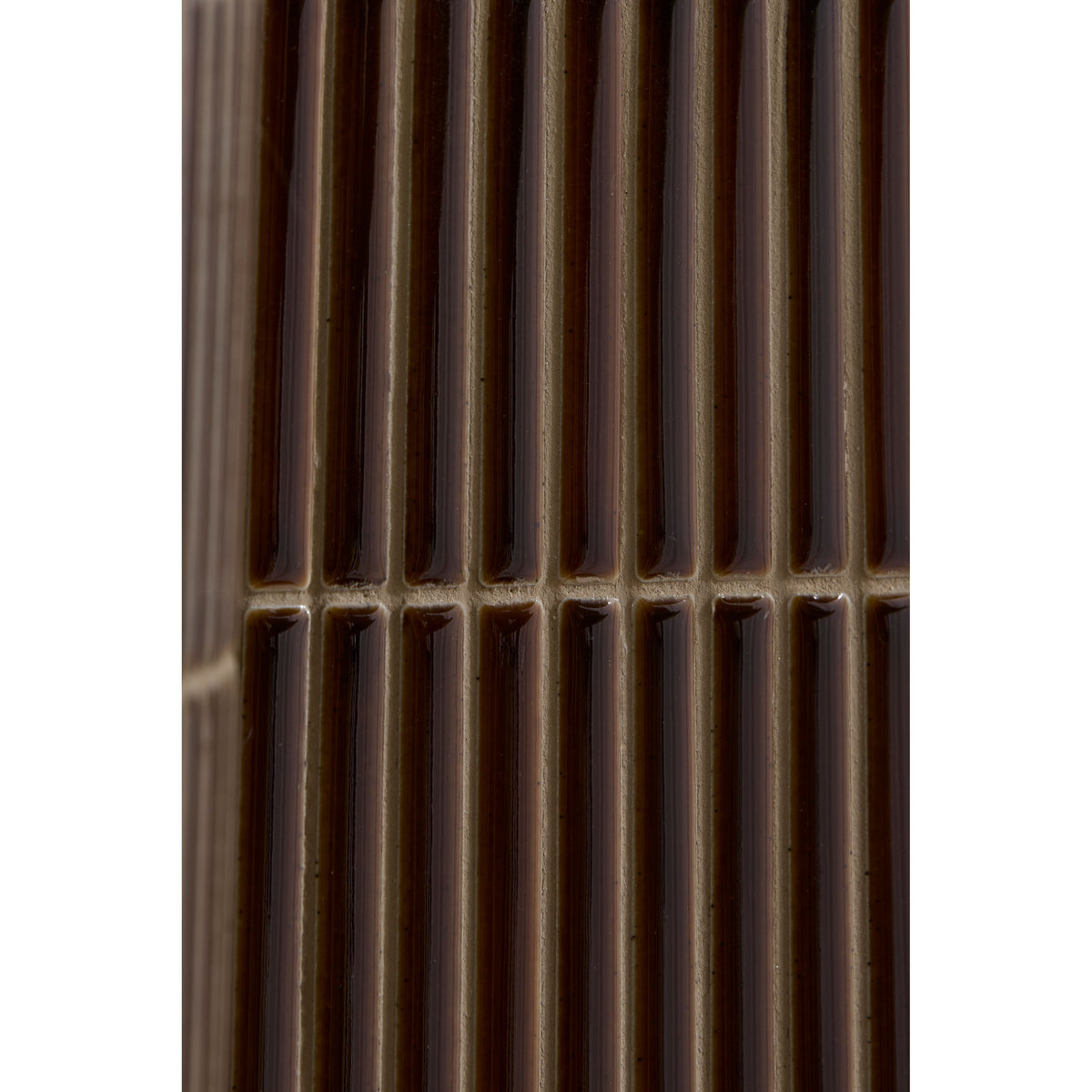 Bamboo Porcelain Mosaic Caramel dark brown ribbed porcelain mosaic tiles with light beige grout lines