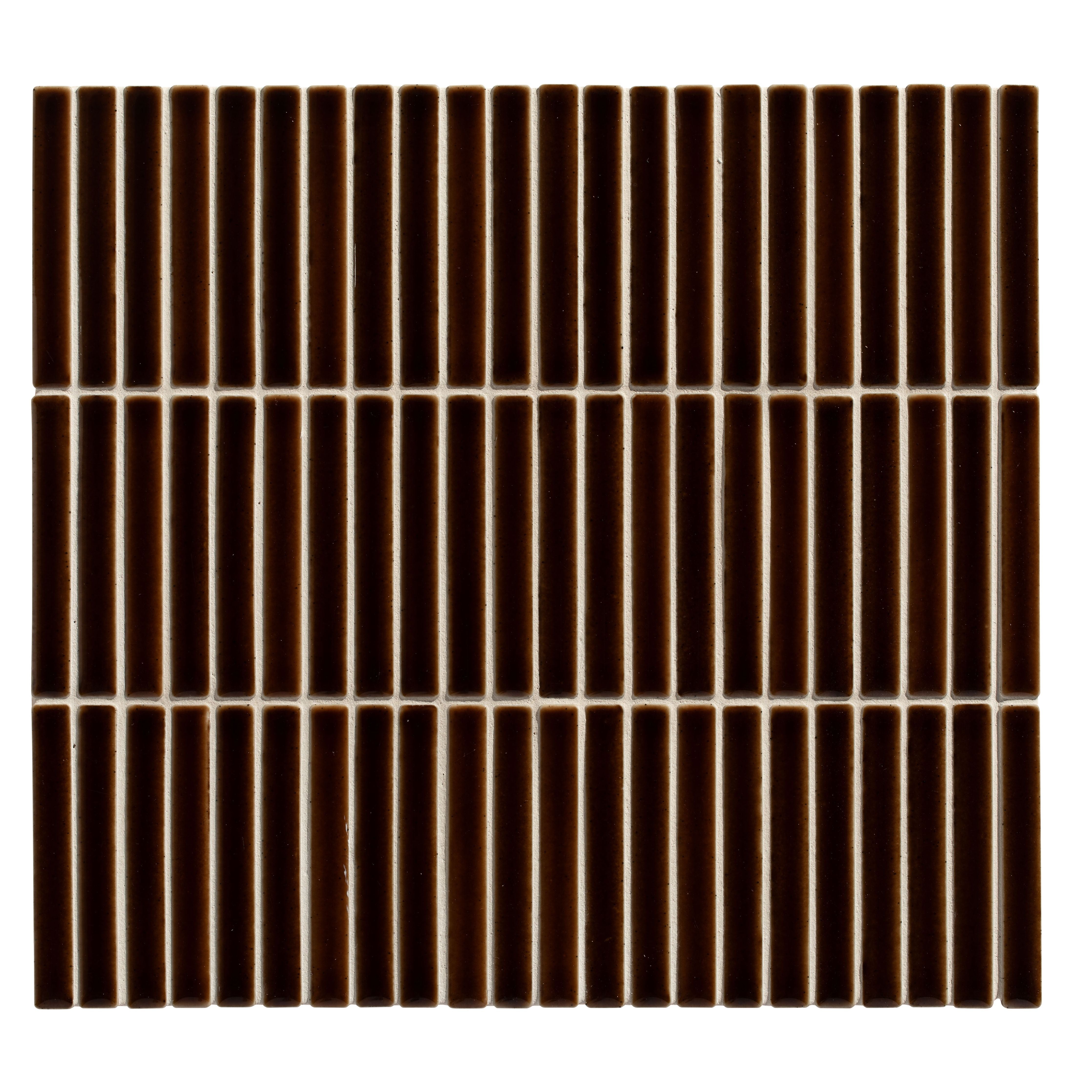 Dark brown rectangular ceramic bamboo porcelain mosaic caramel tiles arranged in vertical rows with light beige grout lines