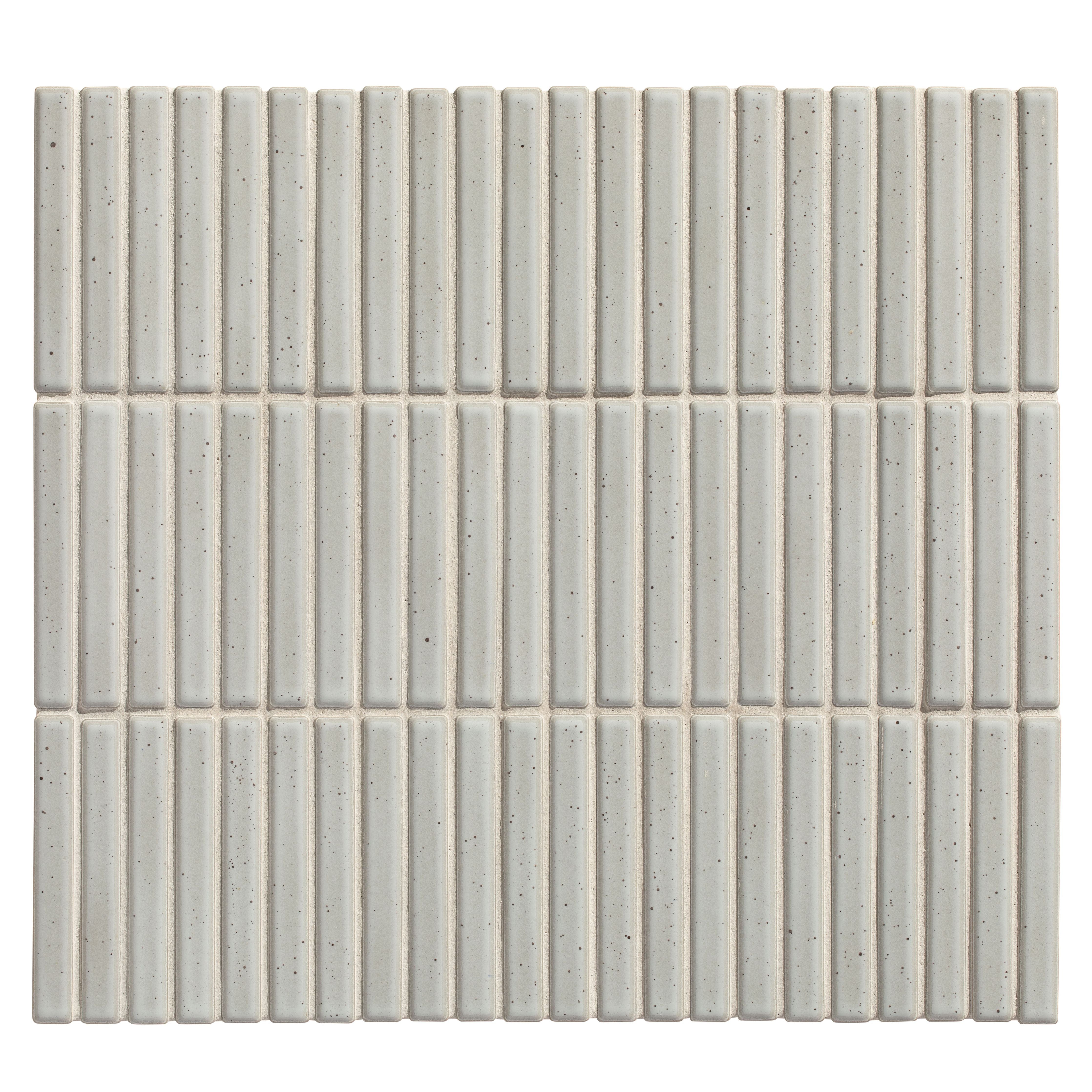 Beige speckled rectangular bamboo porcelain mosaic tile panel with subtle textured finish in vintage white color