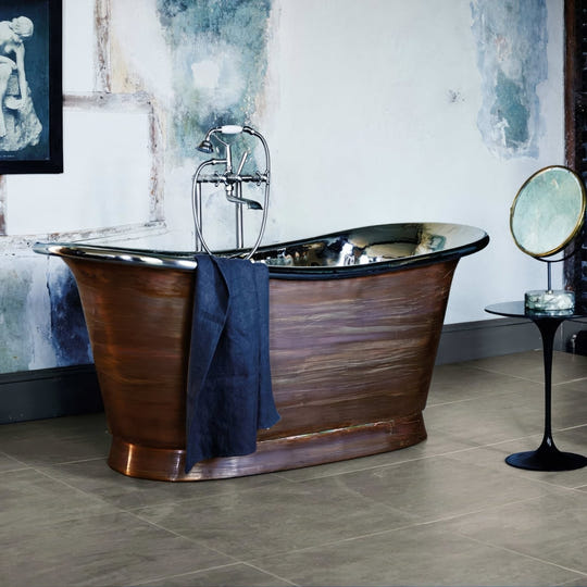 Barbican Moor Lane 60 x 60cm antique-style copper bathtub with polished chrome interior and rustic patina finish