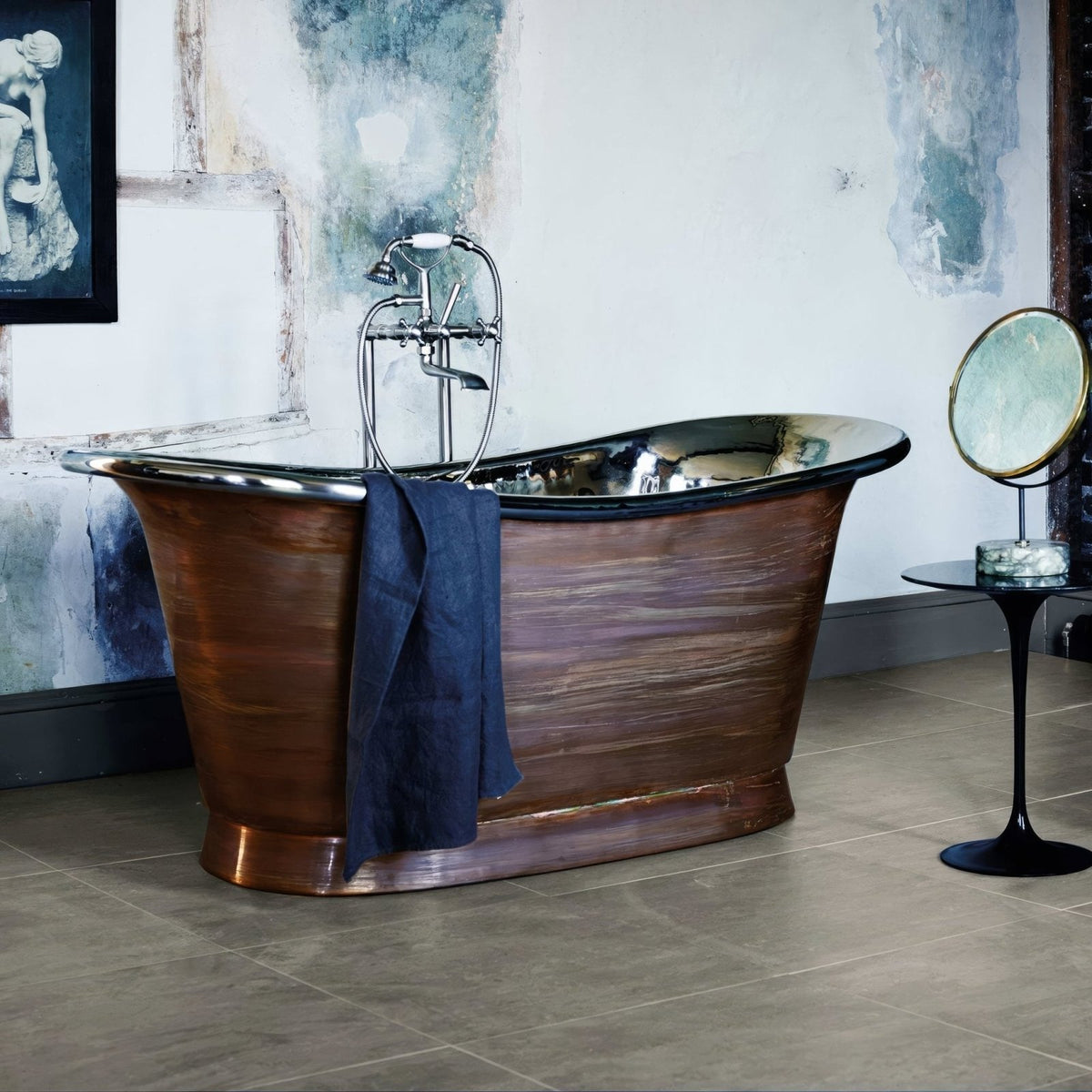 Barbican Moor Lane 60 x 60cm antique-style copper bathtub with polished chrome interior and rustic patina finish