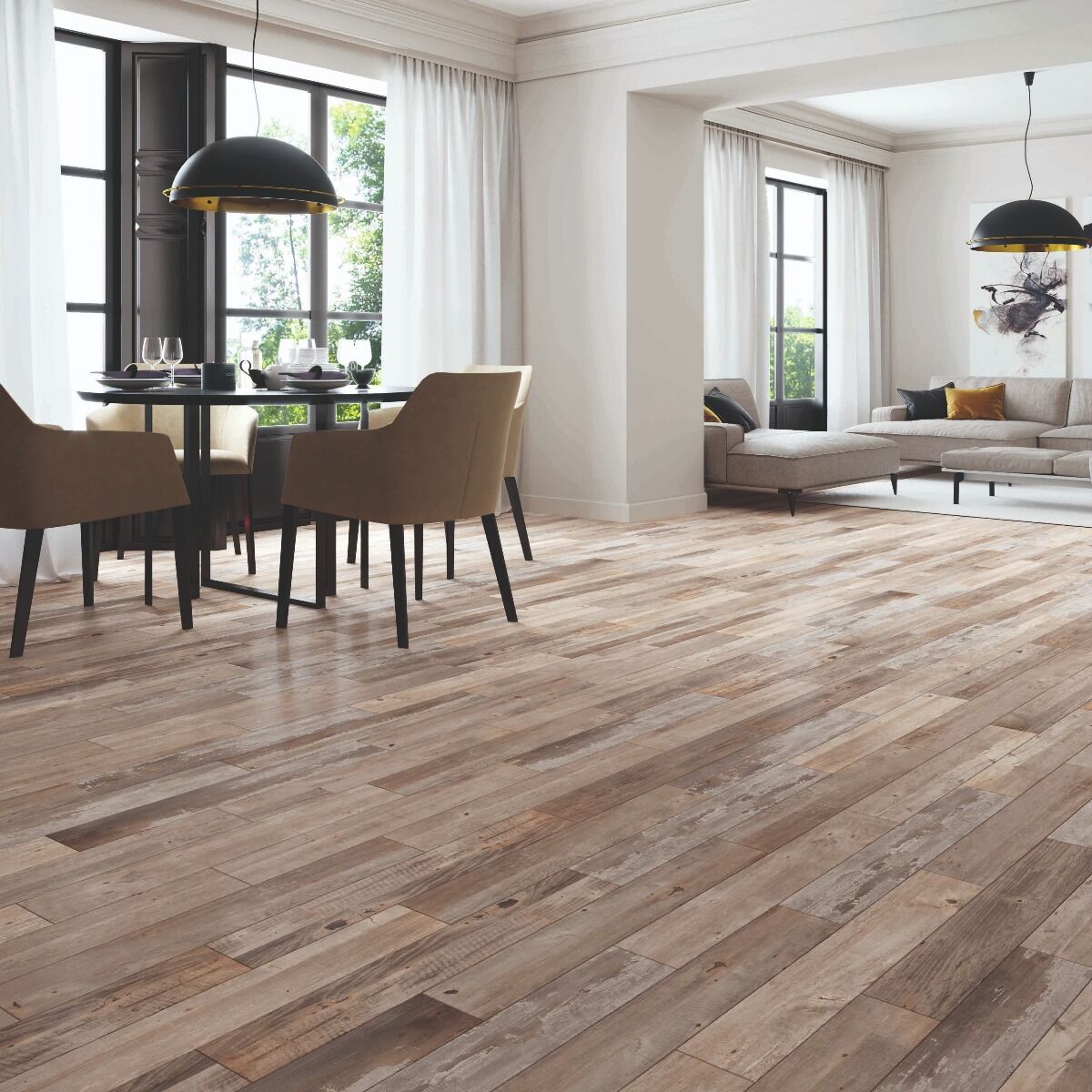 Light brown hardwood floor planks with natural wood grain finish barnwood aged oak tiles