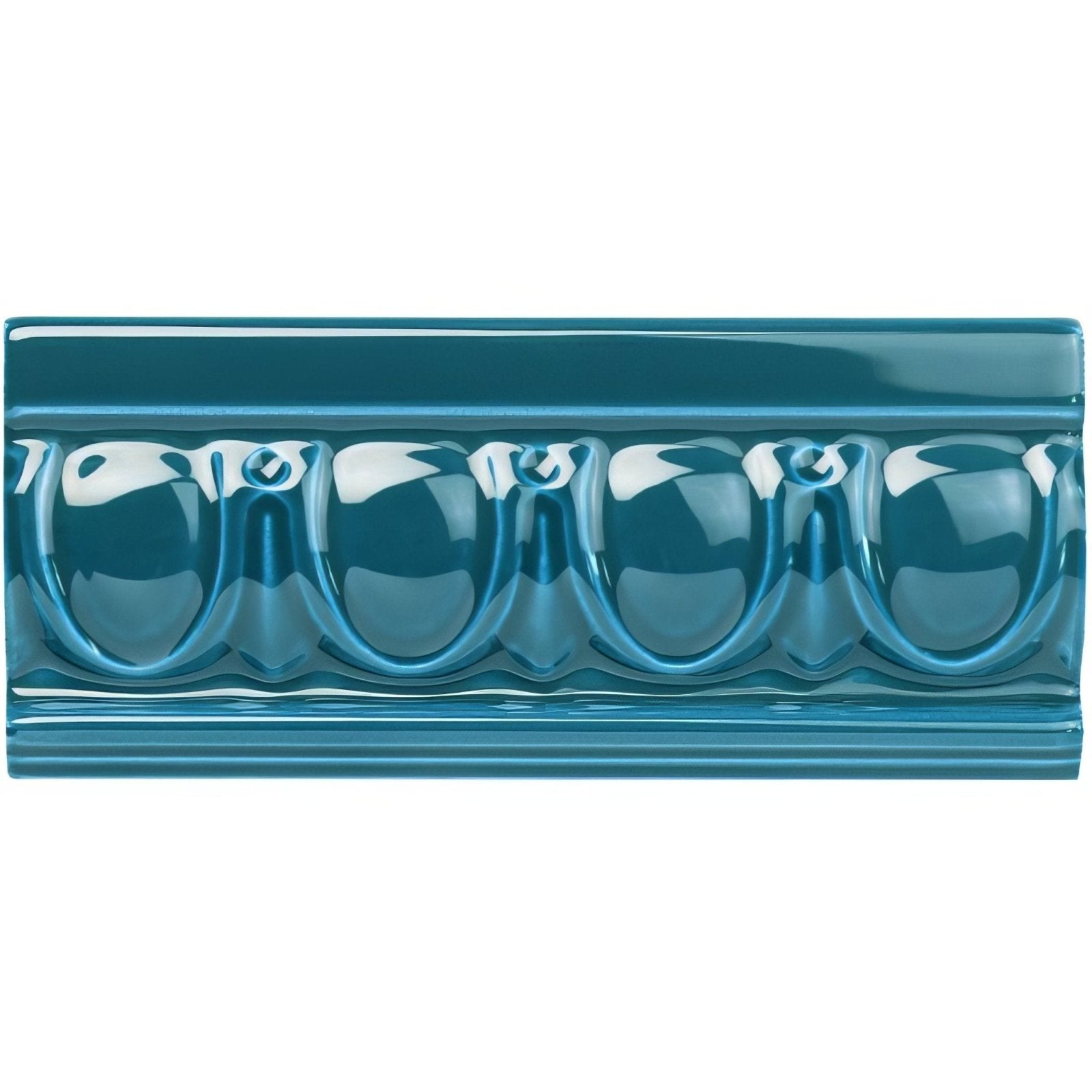 Teal glazed ceramic baroque blue egg and dart moulding tile with glossy finish and ornate arched relief pattern