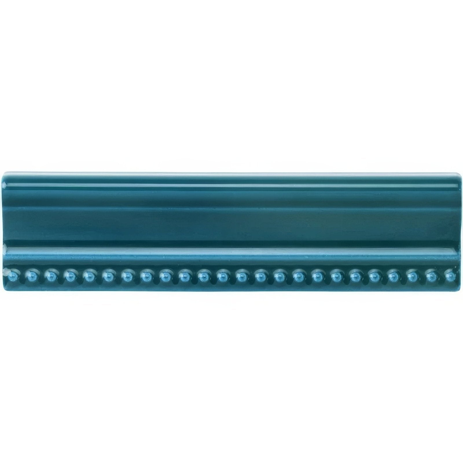 Teal ceramic tile with glossy finish and decorative beaded edge baroque blue hogarth moulding design