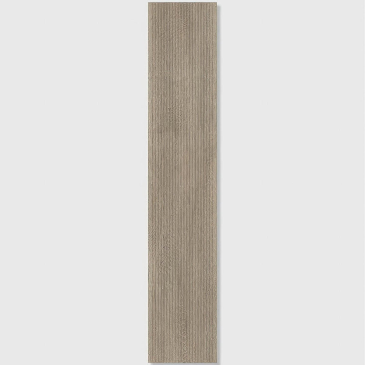 A sleek gray wood grain porcelain tile with vertical striations and smooth finish in beach hut fluted caramel design