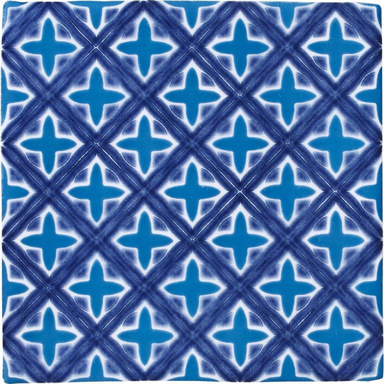 Behen on papyrus blue ceramic tile with white cross pattern within intersecting diagonal lines for decorative use