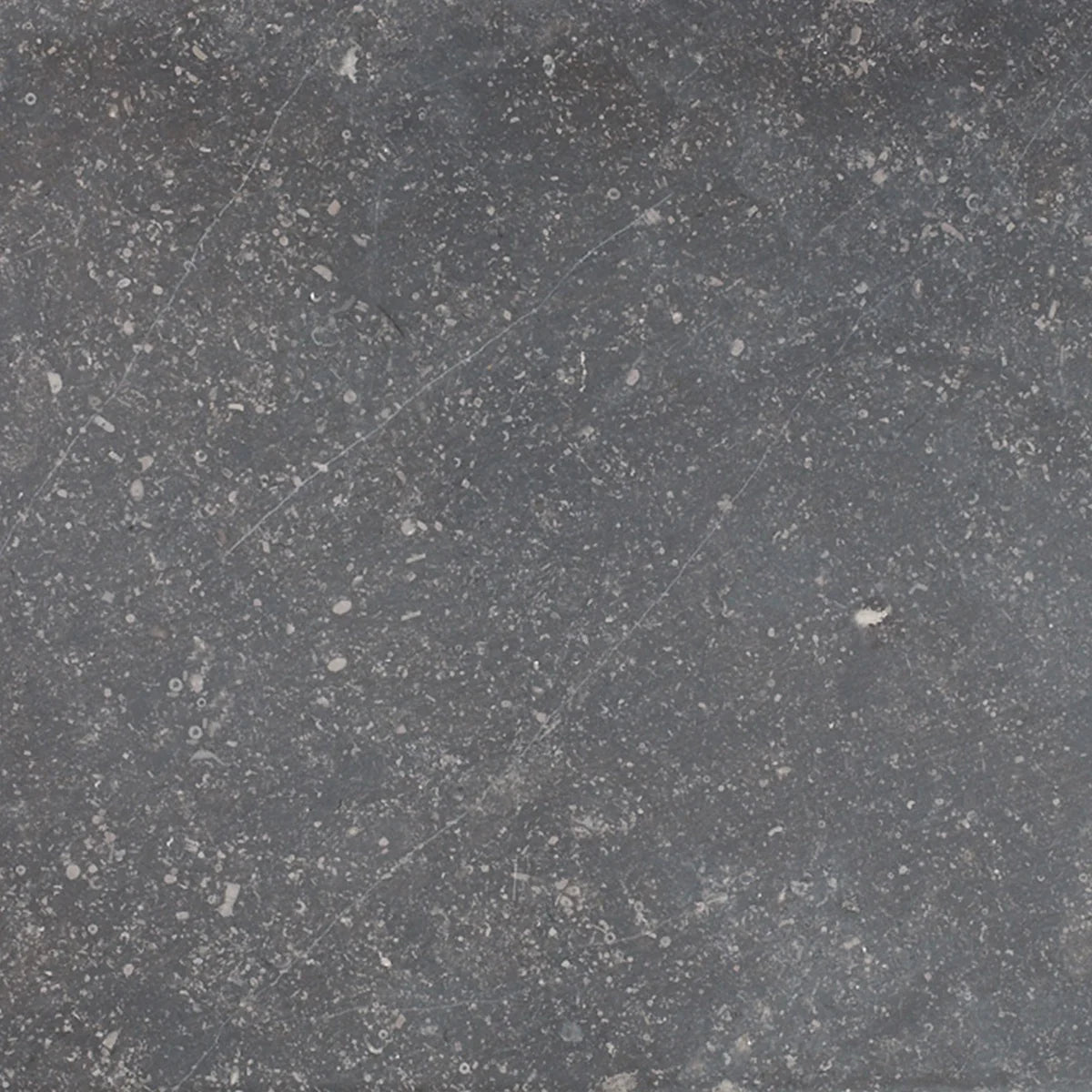 Dark gray belgian bleu tumbled stone tile with subtle white speckles and honed light pillow edge finish