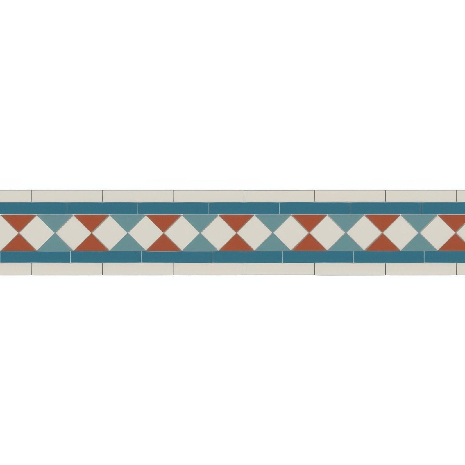 A decorative border tile strip featuring an orange and white diamond pattern on teal with light gray framing from bennett blue dover white pugin blue and red