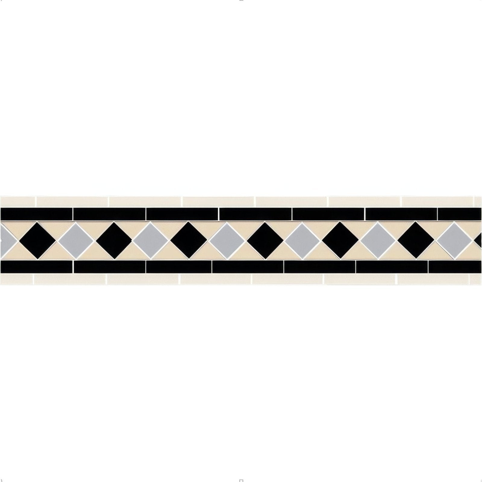 Black and beige diamond patterned mosaic tile border with alternating diamonds set between solid black tiles in Bennett Dover white grey and black