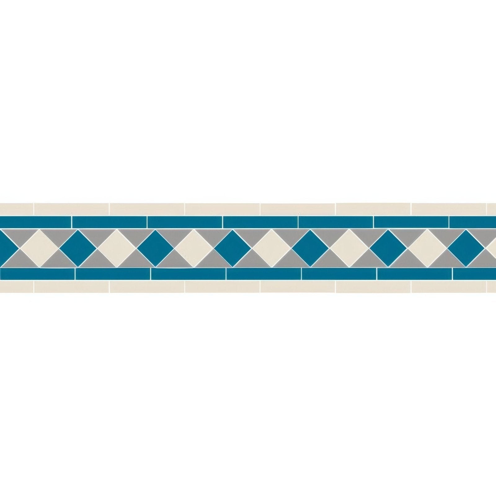 A decorative border tile featuring a repeating pattern of blue and gray diamonds on an off-white background