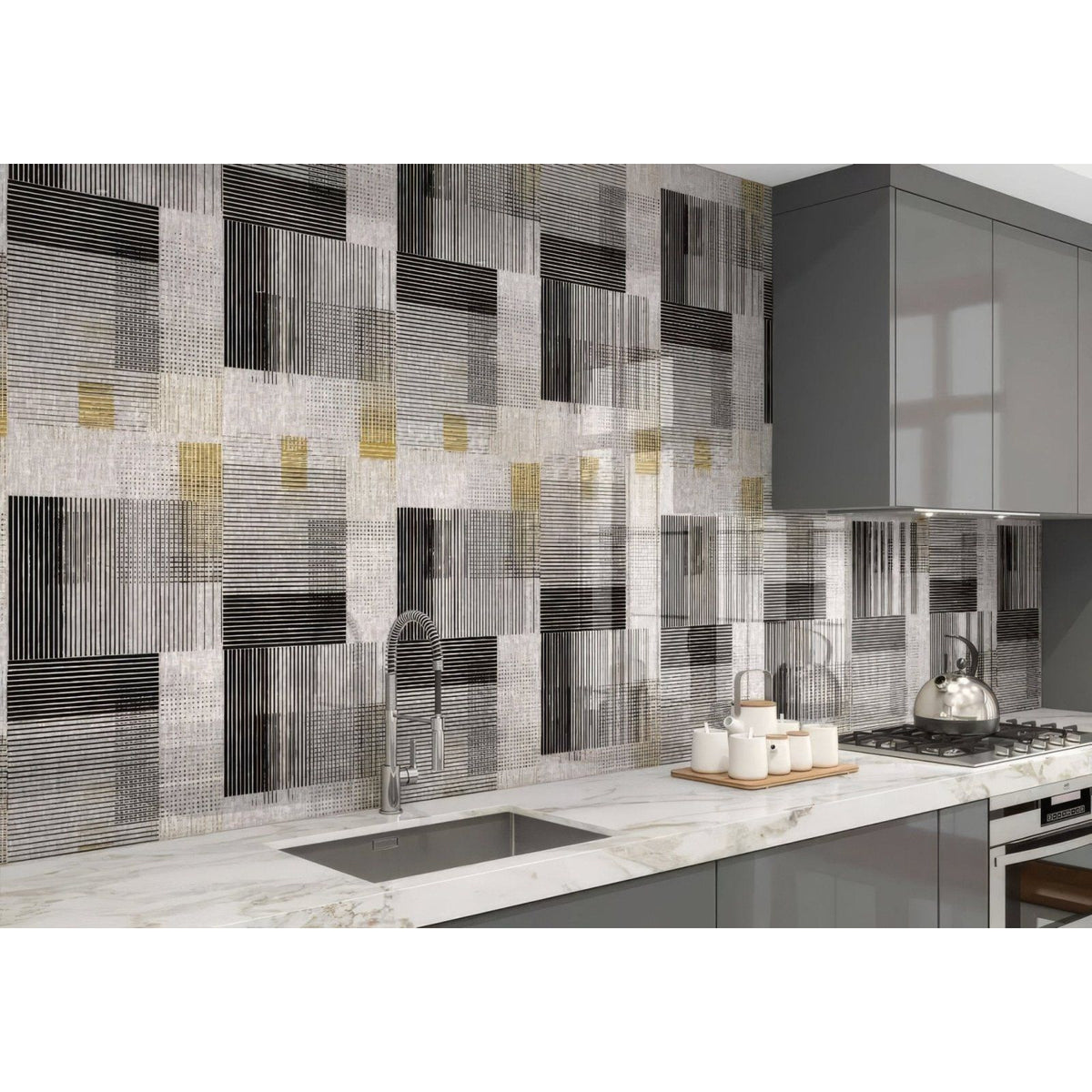 Modern geometric berlin geometric shower wall panel with black white and gold textured striped backsplash tiles