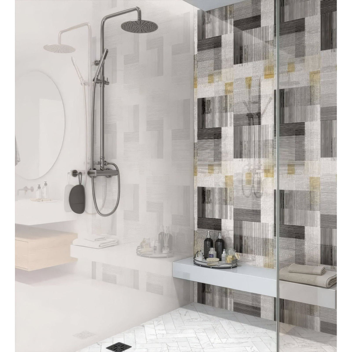 Modern showerhead with sleek chrome finish and circular design on berlin geometric shower wall panel