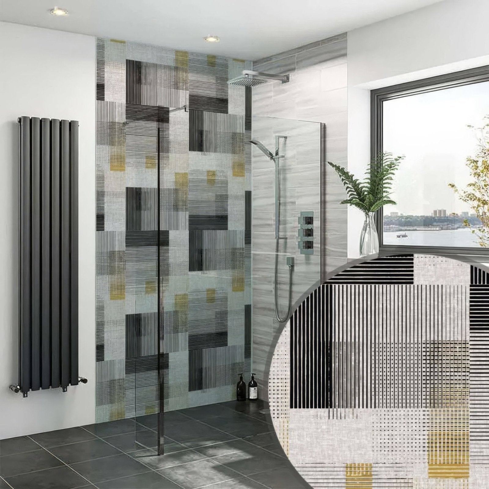 Modern black white and gold geometric patterned bathroom wall tiles on berlin geometric shower wall panel