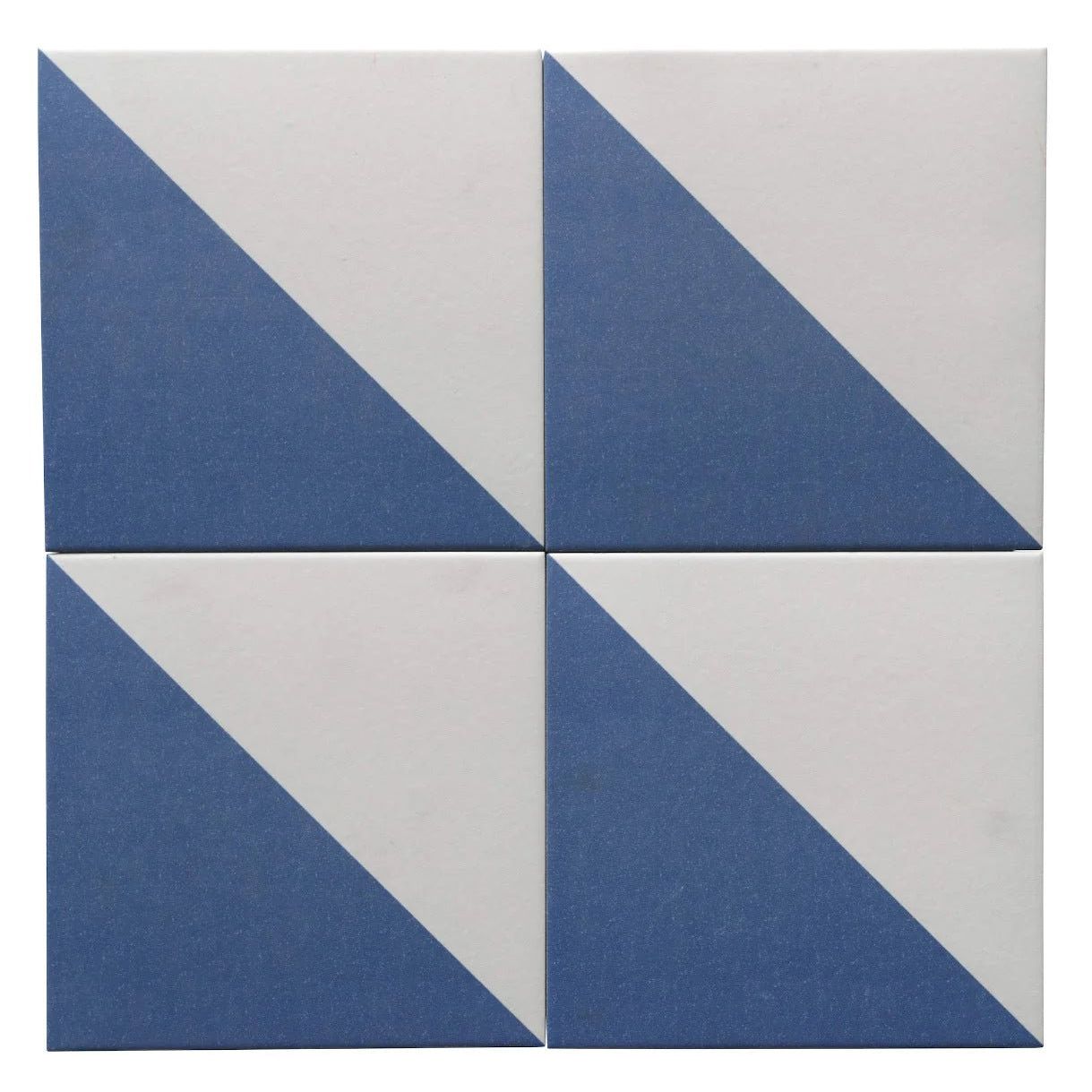 Blue and white geometric porcelain tiles with diagonal pattern from bert and may alalpardo collection