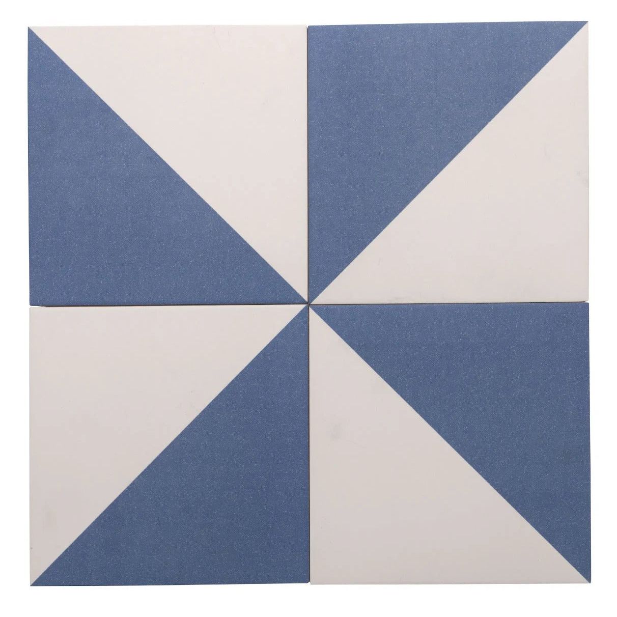 Bert and May blue Alalpardo porcelain tile featuring a blue and off-white windmill geometric pattern