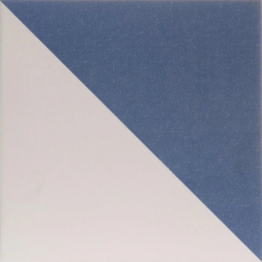 Blue and white geometric bert and may blue alalpardo porcelain tile with speckled blue upper half