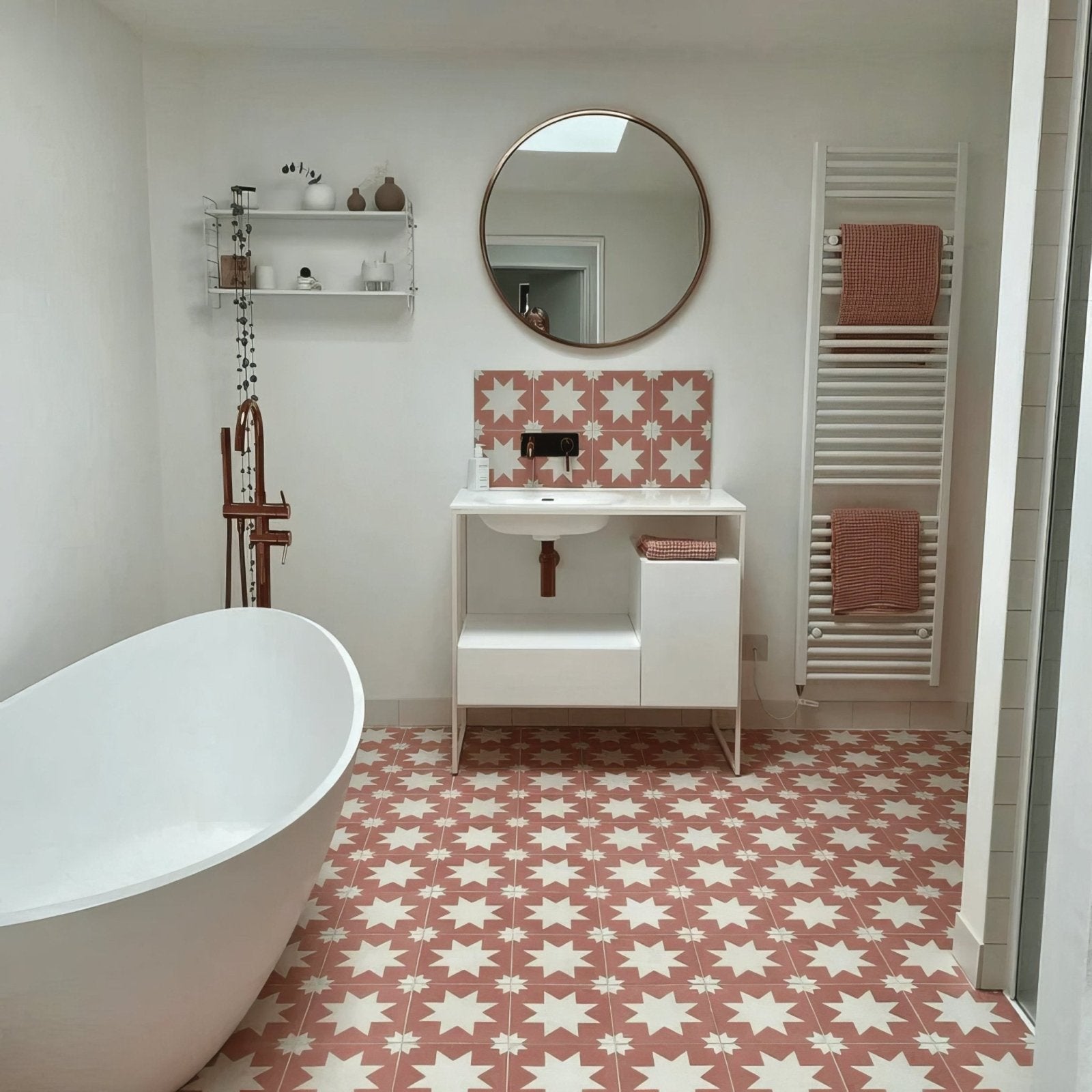 Bert and May Pink Pradena Porcelain in a bathroom setting