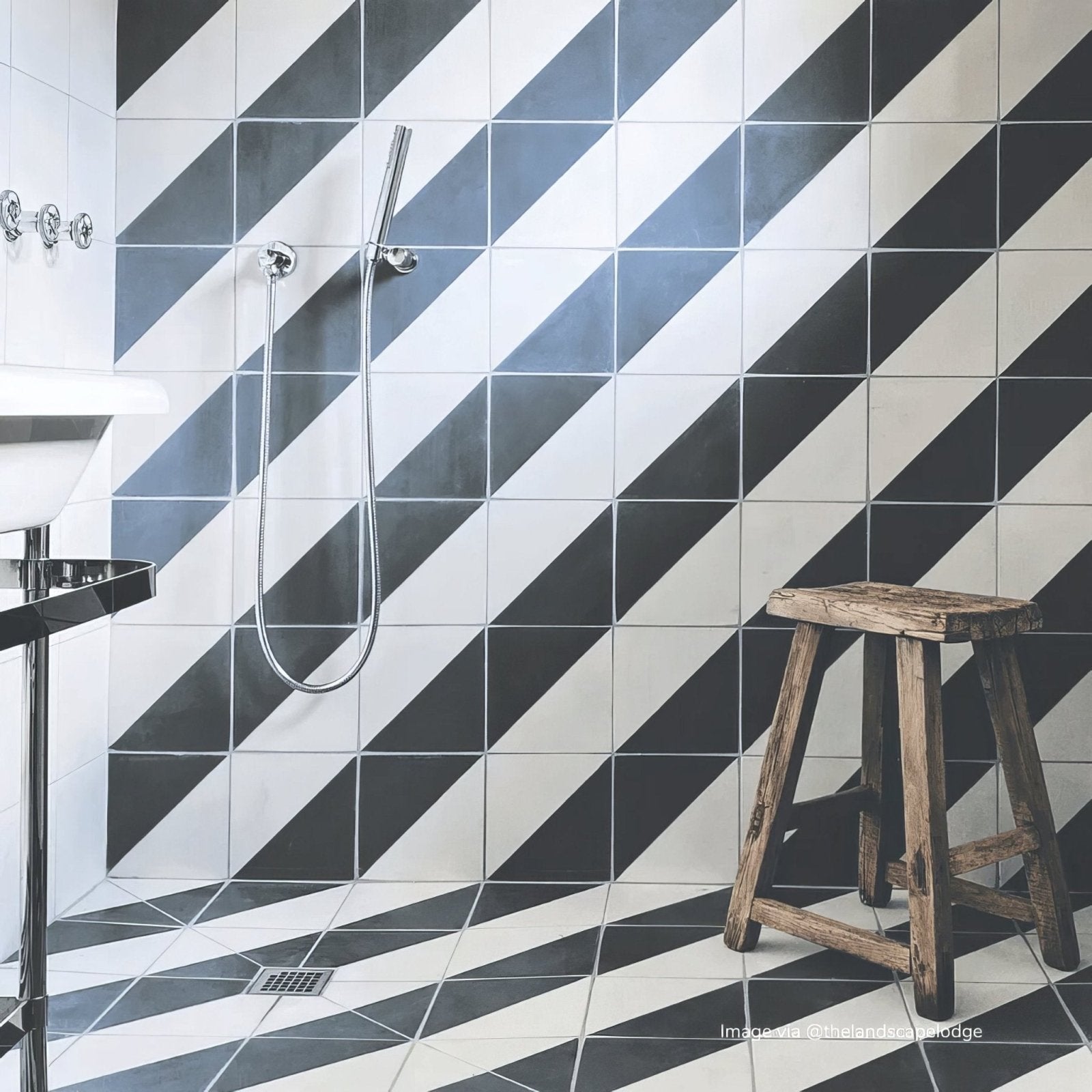 Bert & May black alalpardo porcelain bathroom tiles with black and white diagonal striped modern geometric pattern