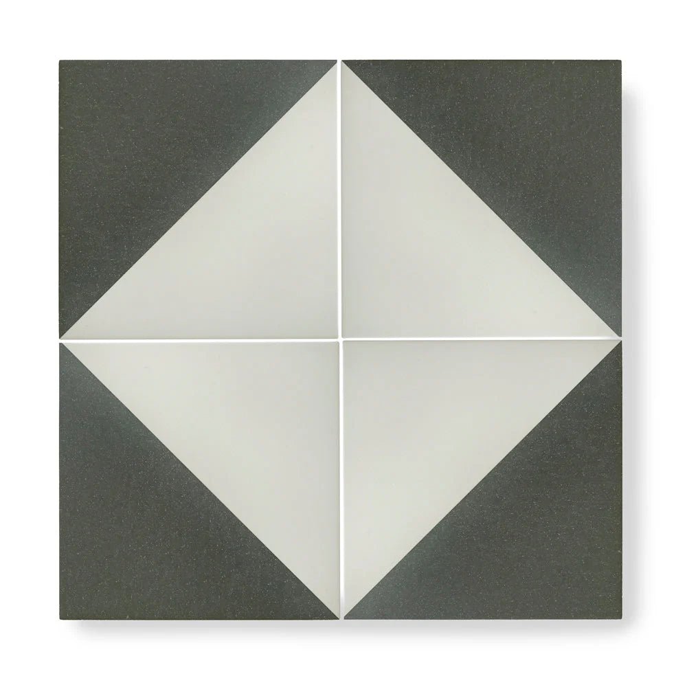 Square ceramic Bert & May Black Alalpardo porcelain tile with bold black and white geometric diamond pattern