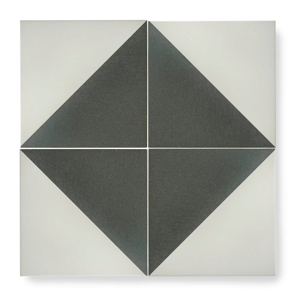 Square ceramic tile from bert & may featuring a black alalpardo porcelain geometric diamond pattern with dark gray triangles