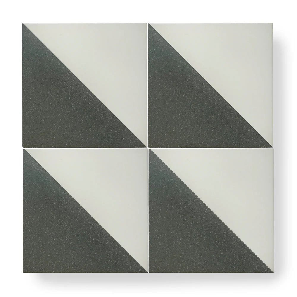 Four bert and may black alalpardo porcelain square tiles with bold diagonal matte black and off-white ceramic split