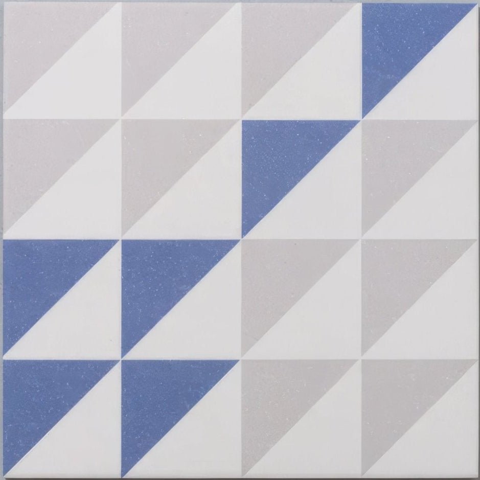 Bert & May blue Majadas porcelain tile with blue and gray geometric pattern in a modern minimalist design