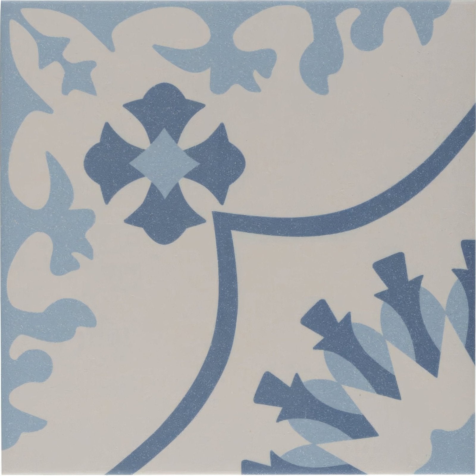 Blue and cream patterned ceramic tile with ornate floral design from bert and may bolonia navy porcelain collection