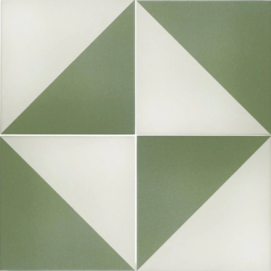 Olive and white geometric porcelain tile with a matte finish from bert and may green alalpardo collection