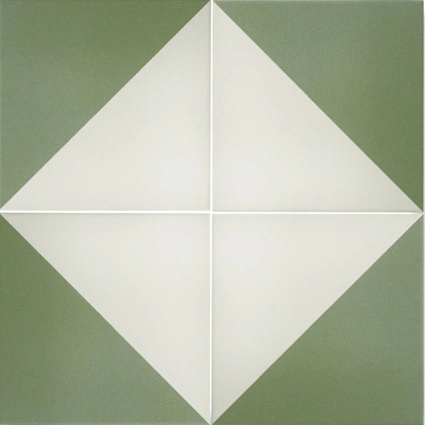 Olive green and white geometric diamond pattern porcelain tile by bert & may for interior flooring and walls