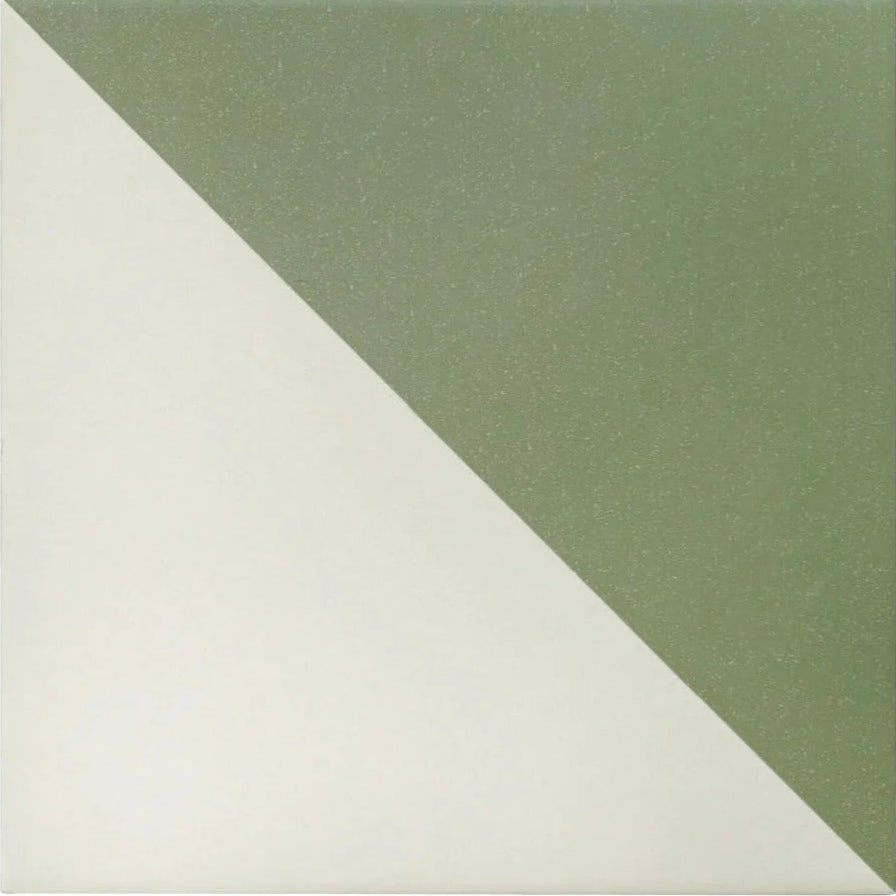 A bert and may green alalpardo porcelain tile with a diagonal split in matte white and muted sage green