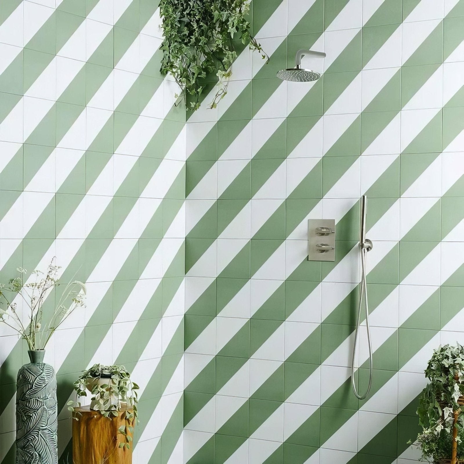 Bert & May green Alalpardo porcelain bathroom tiles with green and white diagonal pattern