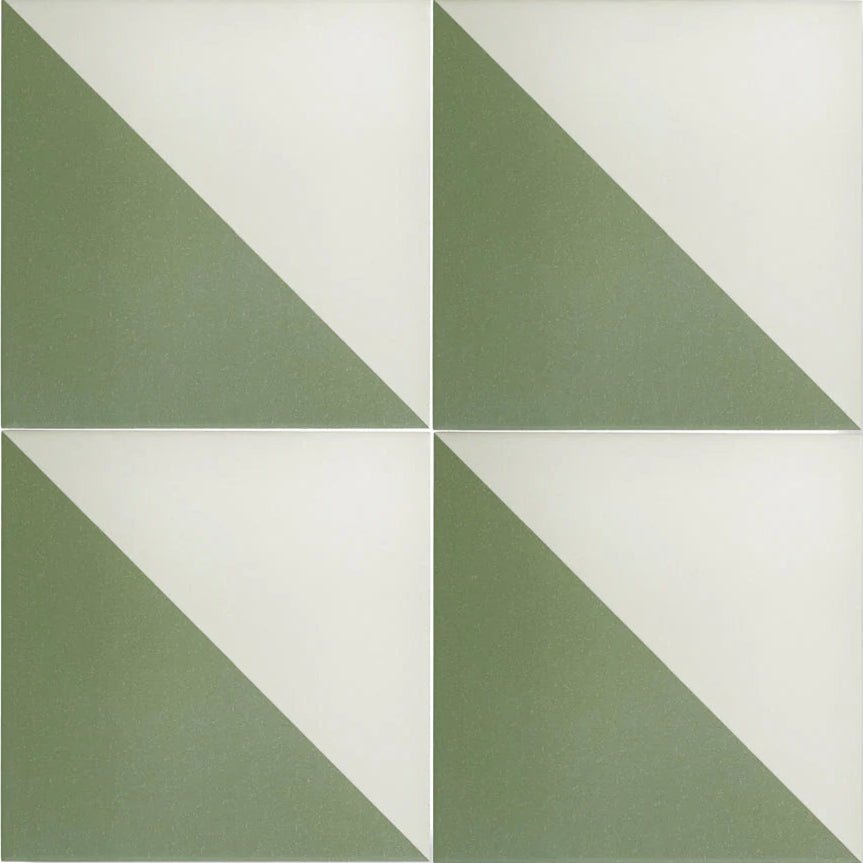 Square ceramic bert and may green alalpardo porcelain tiles with geometric olive green and off-white triangular design