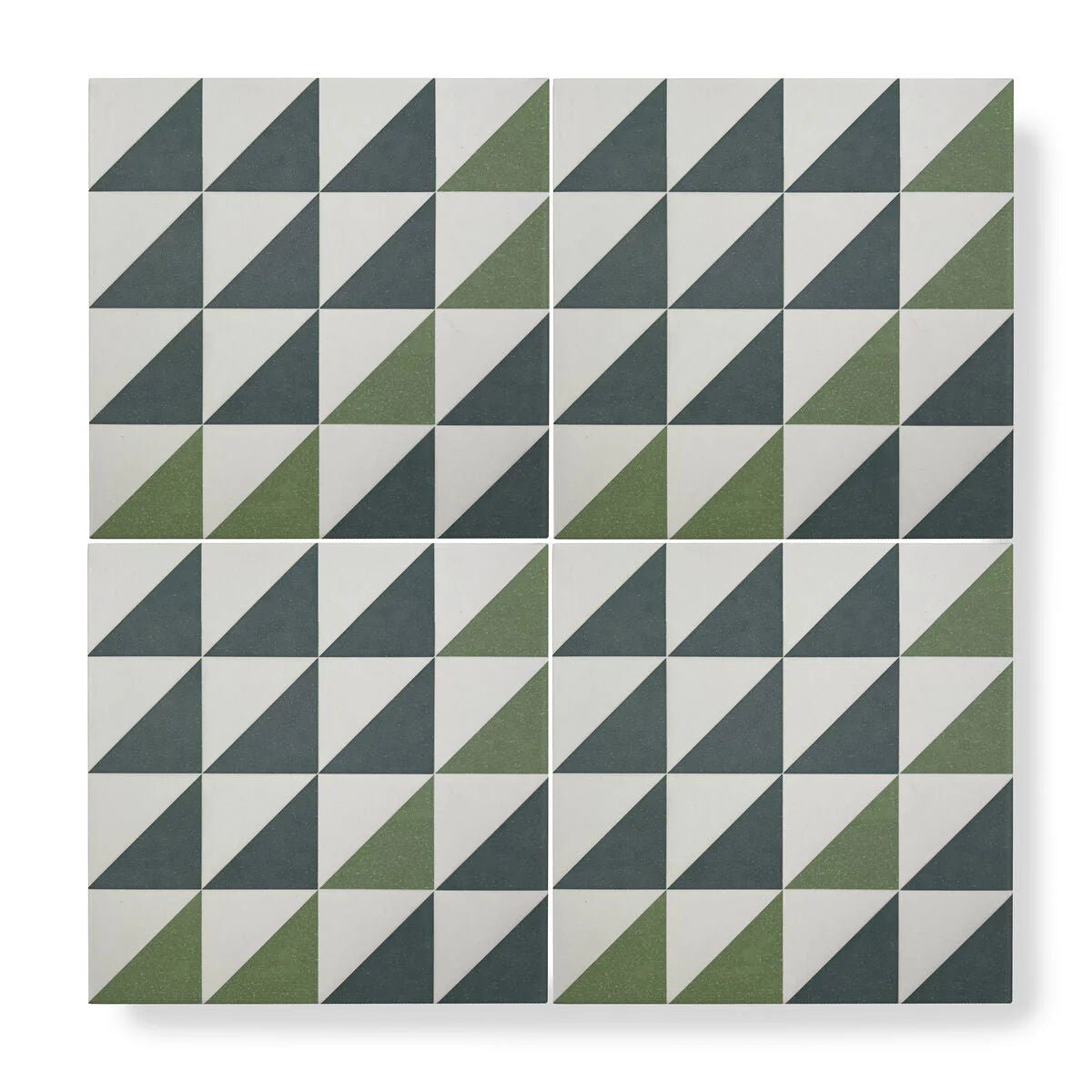 Geometric bert & may green majadas porcelain tile with interlocking olive green dark gray and off-white triangles pattern