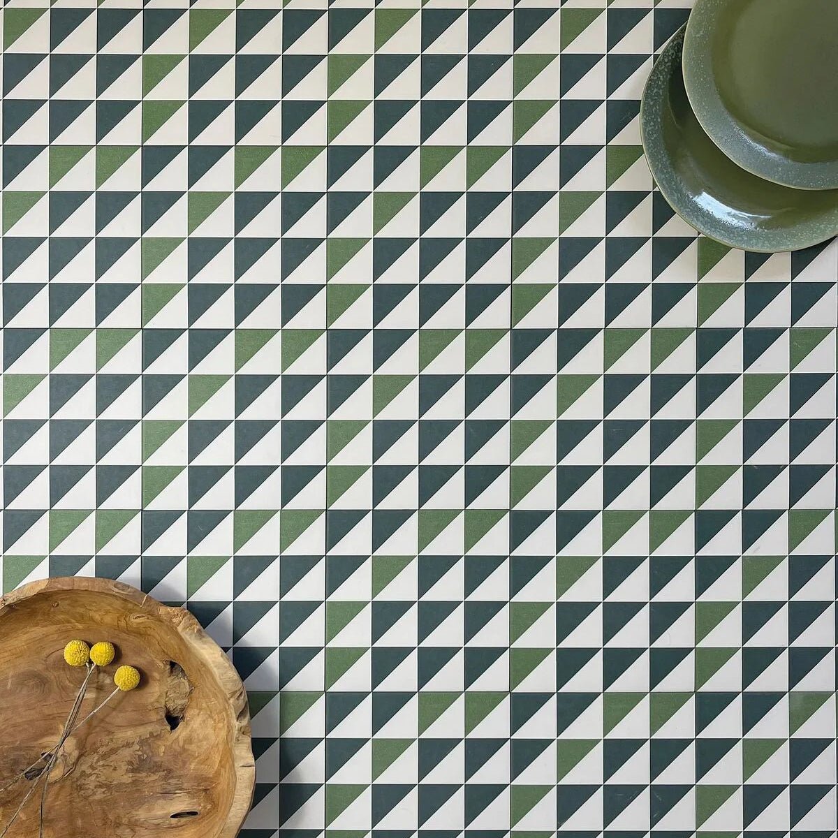 Bert & May green Majadas porcelain floor tiles with green and white geometric pattern for interior flooring
