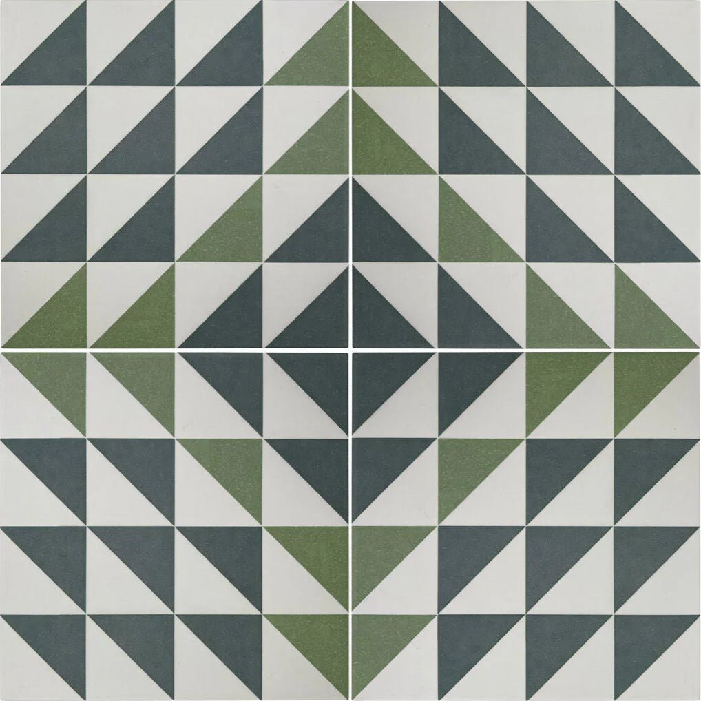 Geometric patterned Bert & May green Majadas porcelain floor tile with dark gray and olive green triangles on white background