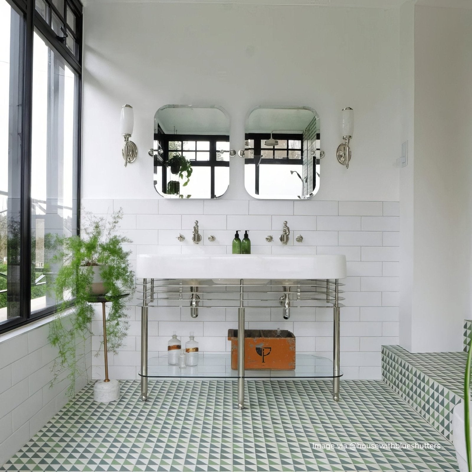 White double sink with chrome metal legs and glass shelves bert & may green majadas porcelain bathroom fixture