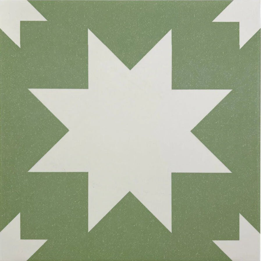 Olive green bert and may pradena porcelain ceramic tile with bold white starburst pattern for flooring and walls