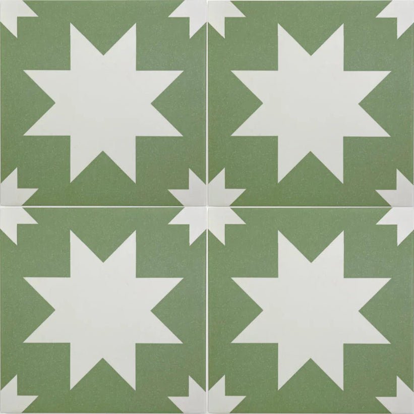 Green and white star-patterned porcelain floor tiles from bert and may suitable for indoor flooring use