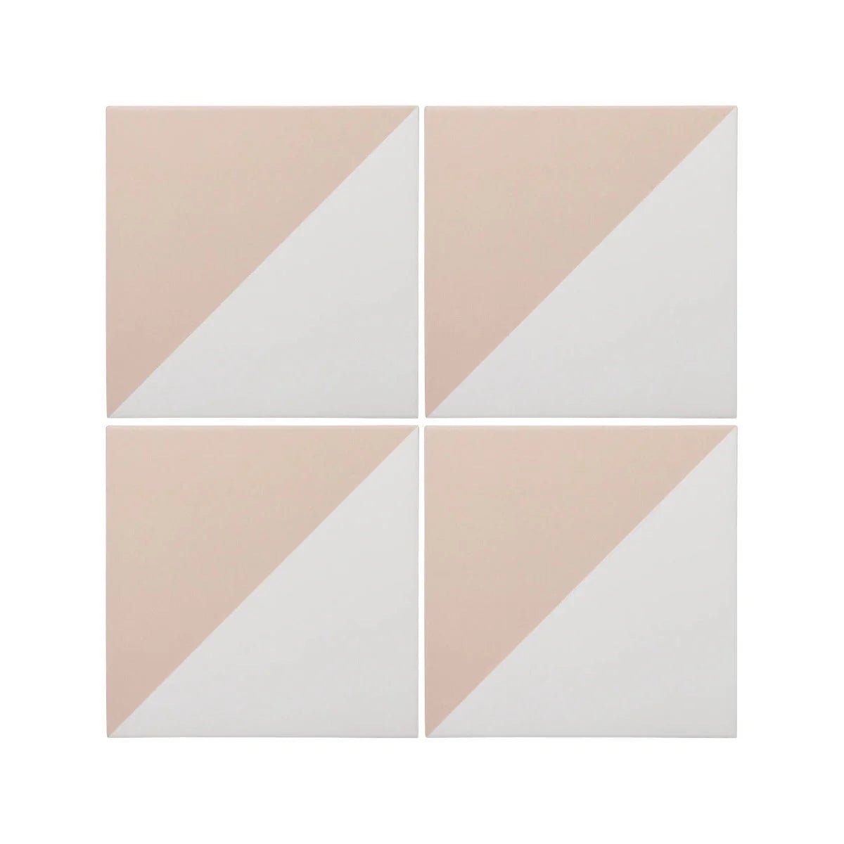 Set of four Bert & May Pearl Alalpardo porcelain tiles with diagonal soft blush pink and crisp white design