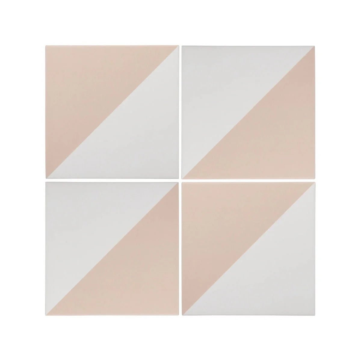 Set of four Bert & May Pearl Alalpardo porcelain tiles with diagonal split in soft blush and matte white colors
