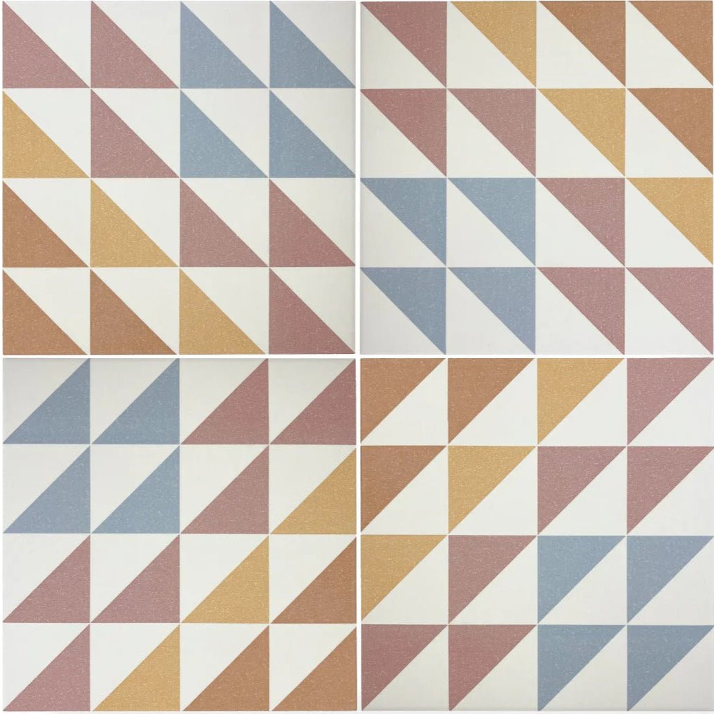 Geometric patterned bert and may soho majadas porcelain tile in dusty rose soft blue warm beige and white colors