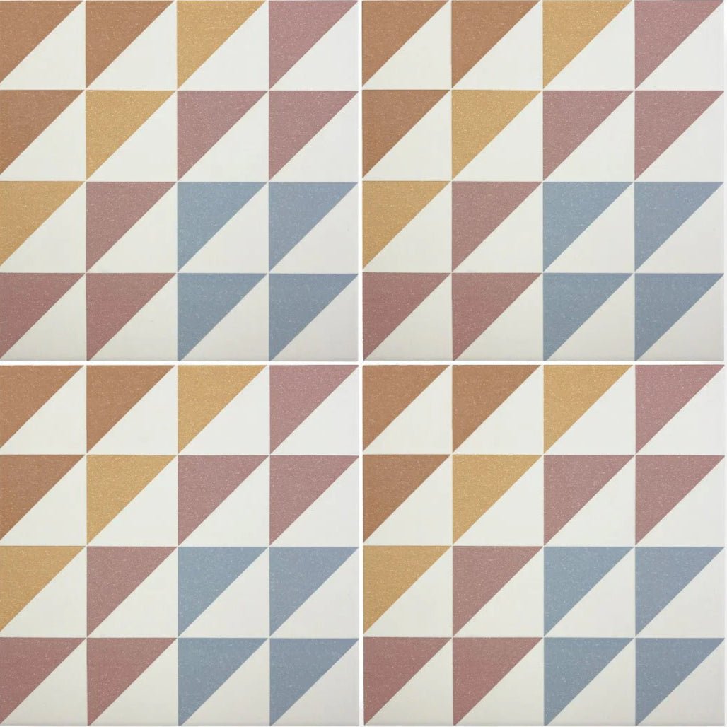 Bert & May Soho Majadas porcelain tile with geometric interlocking triangles in terracotta mustard dusty rose and blue