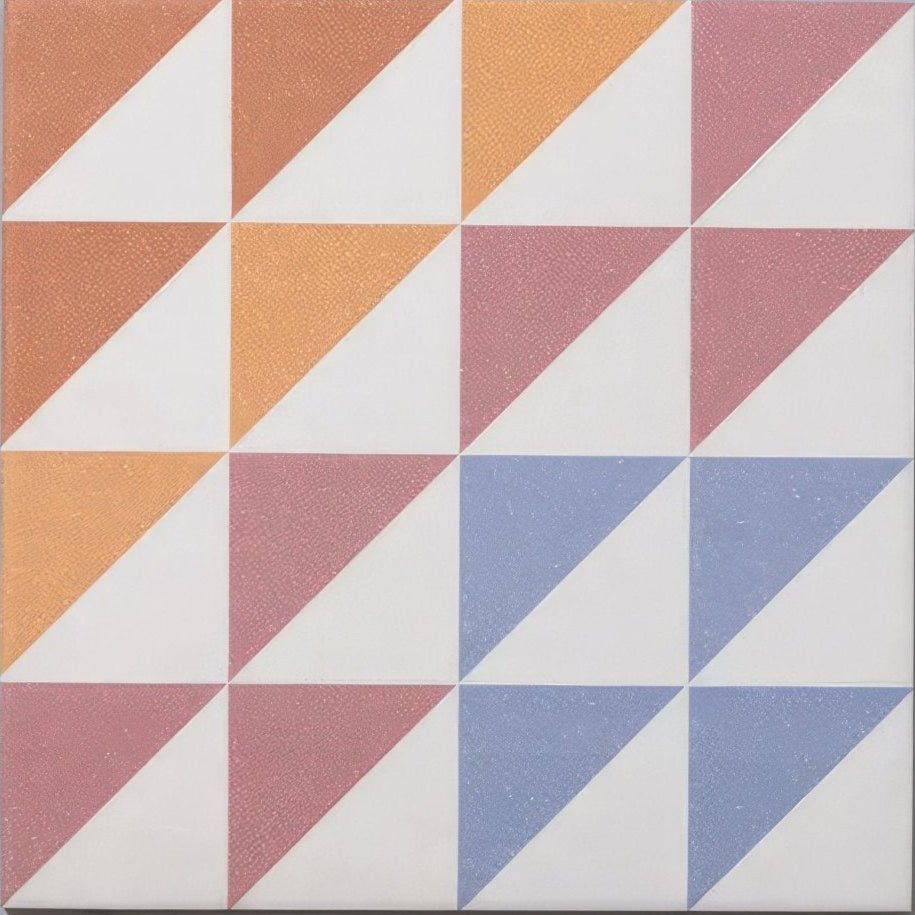 Bert & May Soho Majadas porcelain tile square ceramic tile with interlocking terracotta mustard yellow dusty rose and blue triangles