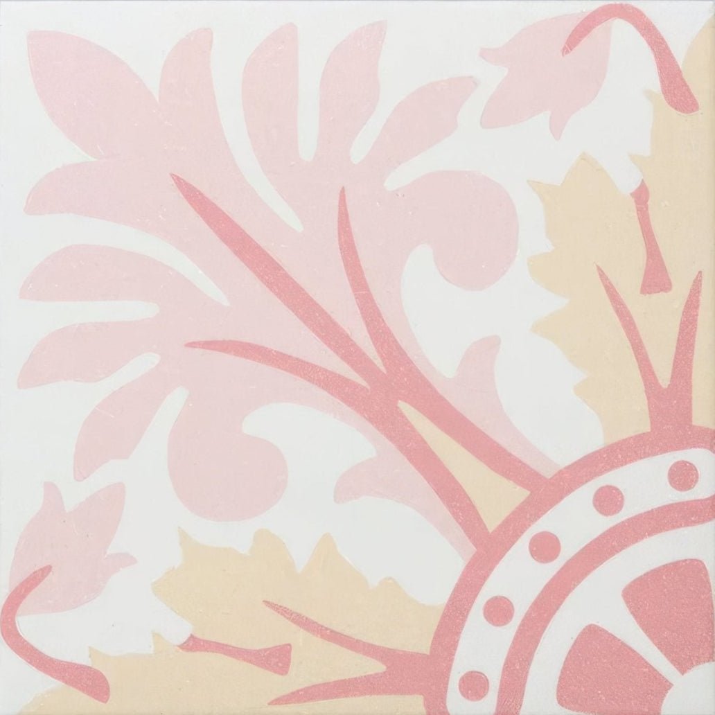 A square porcelain tile by Bert & May with a delicate pink and cream floral pattern featuring stylized leaves and circles