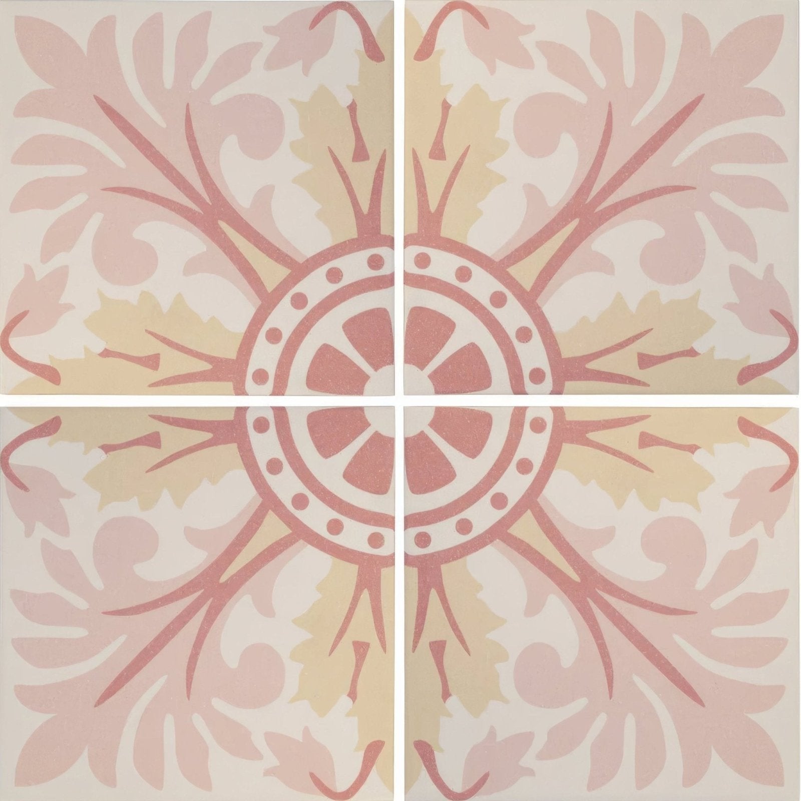Bert & May Turenne porcelain tile with pastel pink and cream floral sunburst pattern in ceramic material